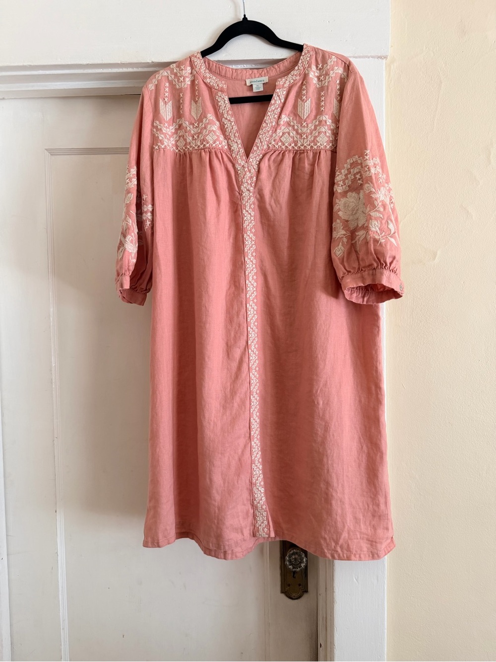 Sundance XL 100% Linen Embroidered Boho Midi Dress Coral Pink